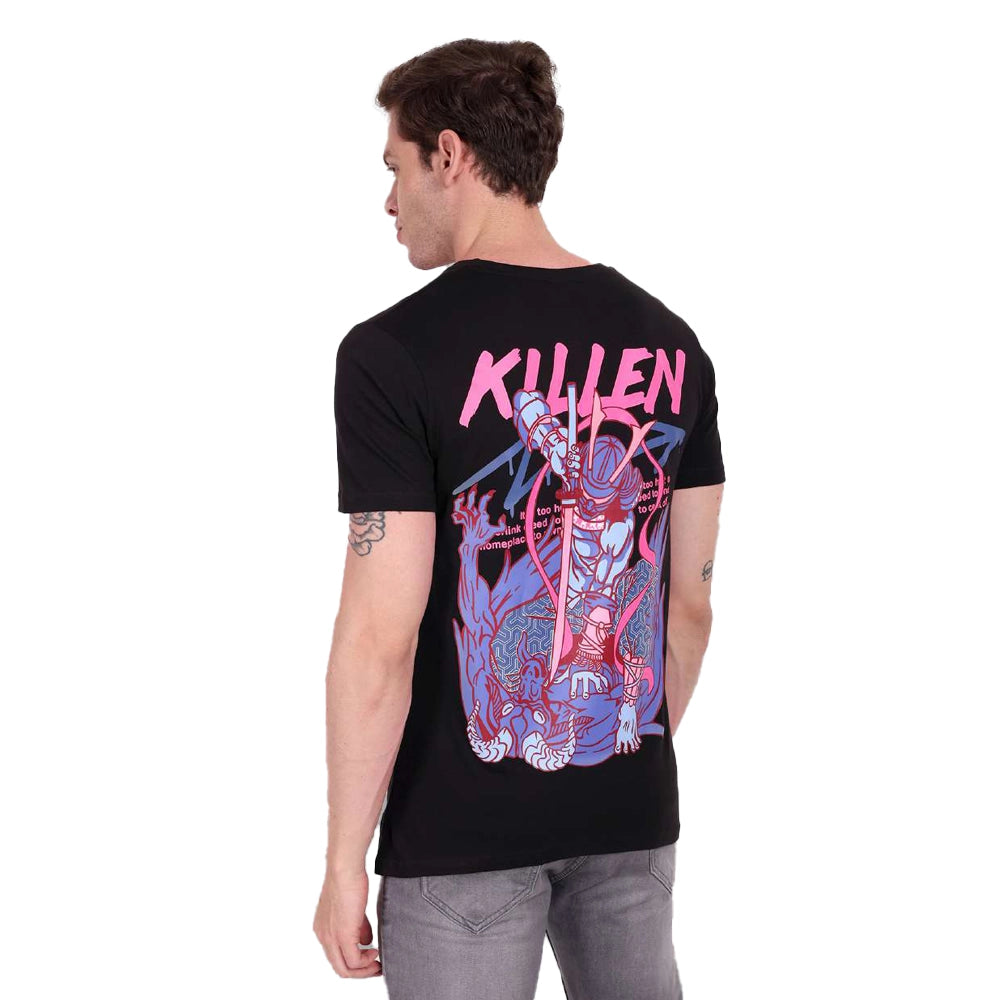 Killen Round Neck Pure Cotton Black T-Shirt-1